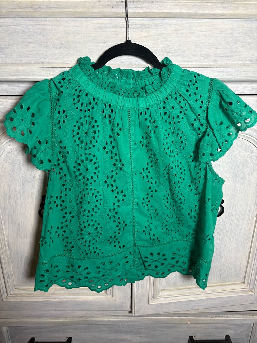 Jennifer & Grace Kelly Green Eyelet Ruffle Top High Neck Romantic Polished Chic - Picture 2 of 8